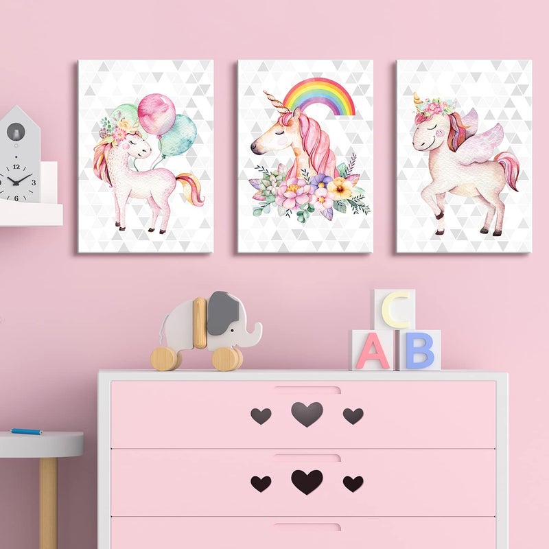 YOOOAHU Unicorn Wall Art Unicorn Bedroom Decor for Girls Colorful Rainbow Balloon Posters Nursery Room Painting Girly Pink Floral Canvas Pictures Artwork Kids Toddler Bathroom Home Decorations 12x16" 3 Pieces - Image 4